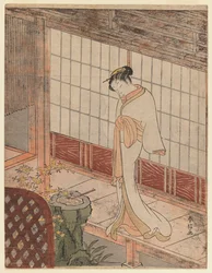 Courtesan i nattdräkt stående på en veranda, ca 1767 (trätryck i färg)